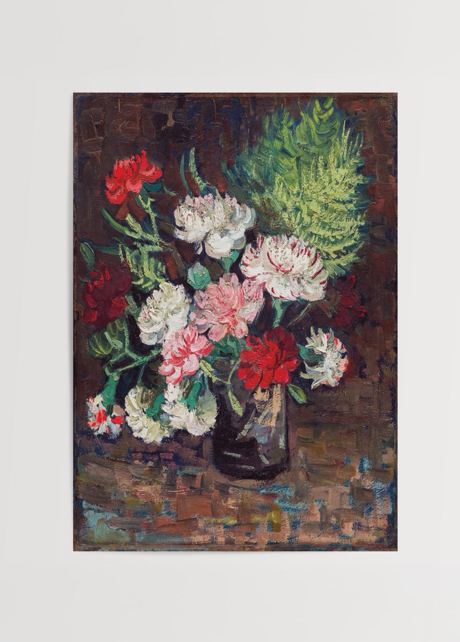 Vibrant flowers in a vase on a dark background, perfect for wall decor.