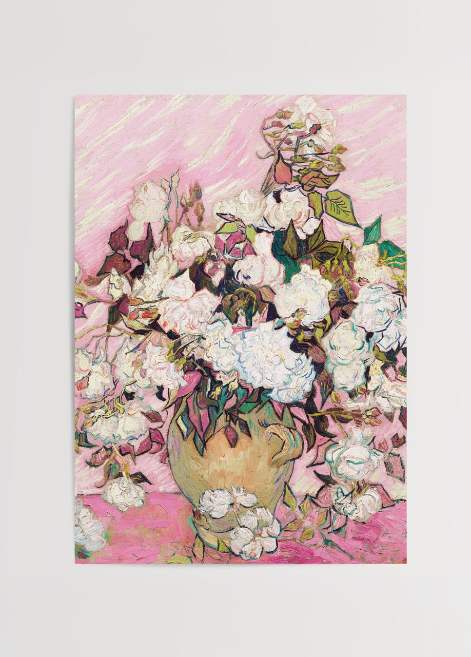 Elegant floral wall art featuring a lush bouquet on a pink background.