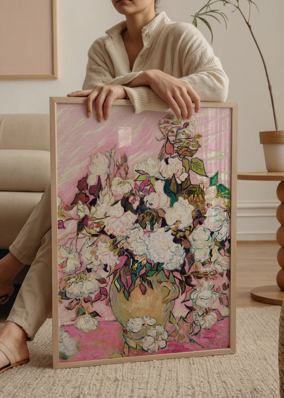 Elegant floral wall art featuring a lush bouquet on a pink background.