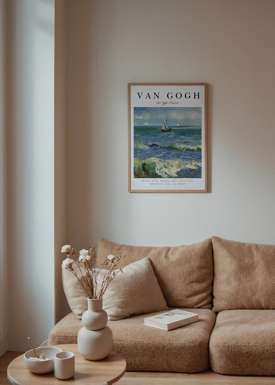 Art print featuring a serene seascape with boats and vibrant waves.