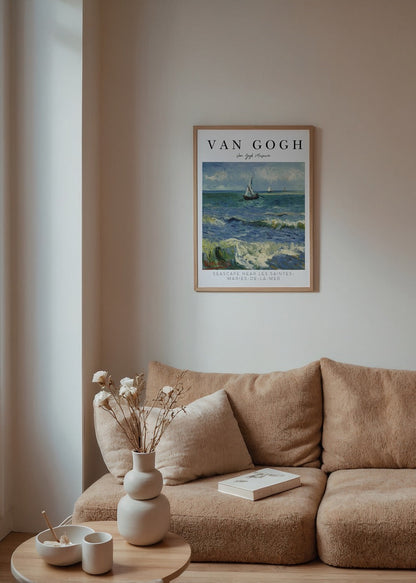Art print featuring a serene seascape with boats and vibrant waves.