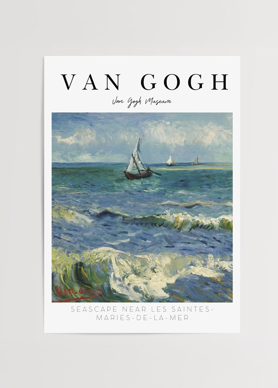 Art print featuring a serene seascape with boats and vibrant waves.