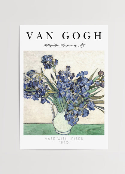 Artwork of irises in a vase, showcasing vibrant floral beauty.