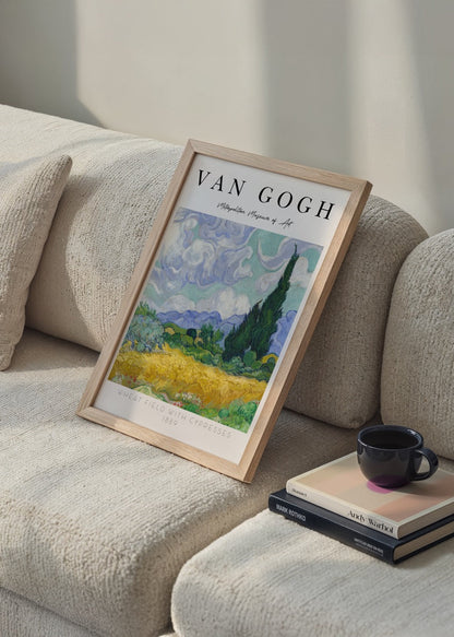 Wheat field with cypress trees in vibrant colours for wall art.