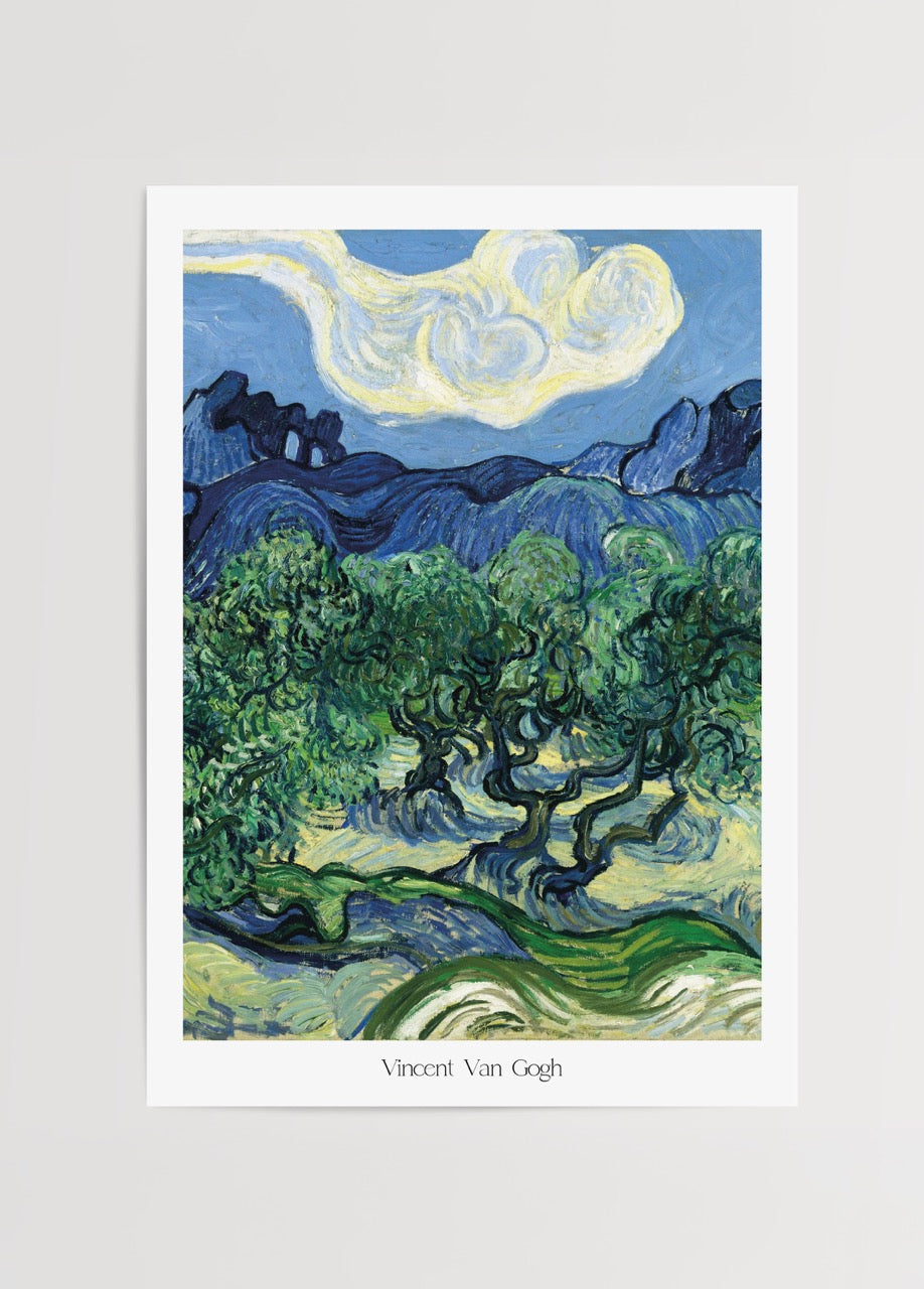 A vibrant olive tree landscape art print in blue and green tones.