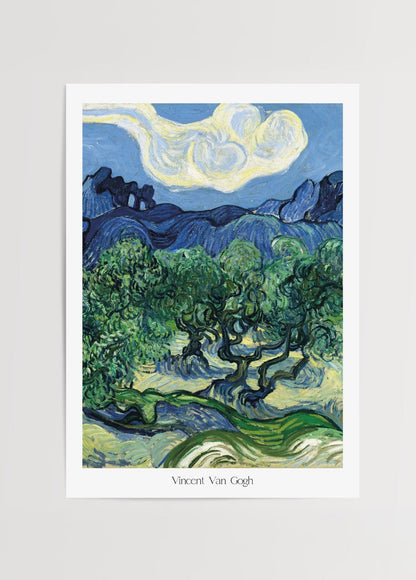 A vibrant olive tree landscape art print in blue and green tones.