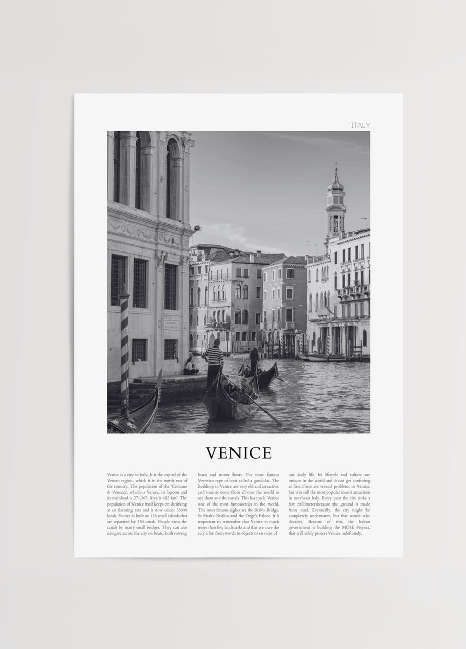 Black and white print of gondolas in Venice with cityscape