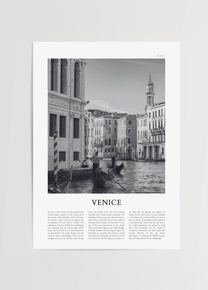 Black and white print of gondolas in Venice with cityscape