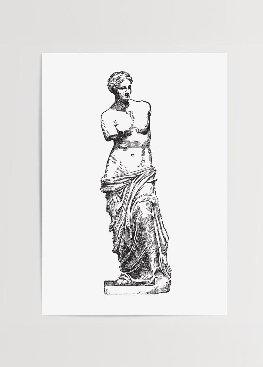 Line drawing of the Venus de Milo sculpture, showcasing classical elegance.