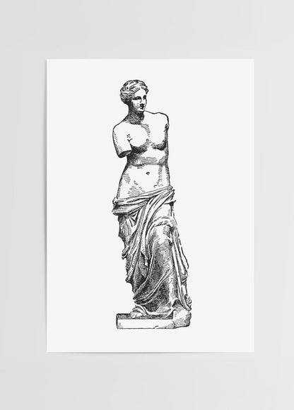 Line drawing of the Venus de Milo sculpture, showcasing classical elegance.