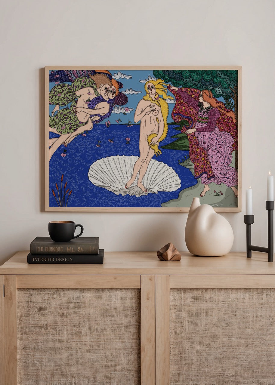 Vibrant illustration of Venus on a shell surrounded by mythological figures.