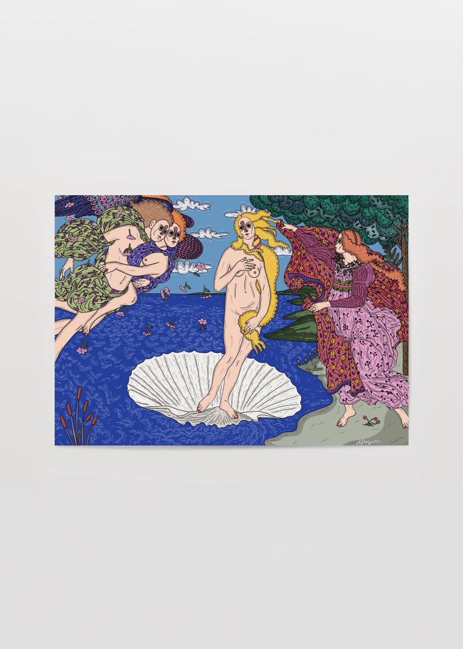 Vibrant illustration of Venus on a shell surrounded by mythological figures.