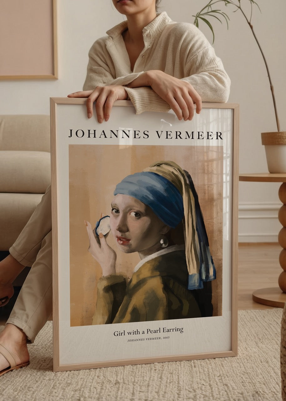 Art print featuring a girl with a pearl earring, showcasing timeless elegance.