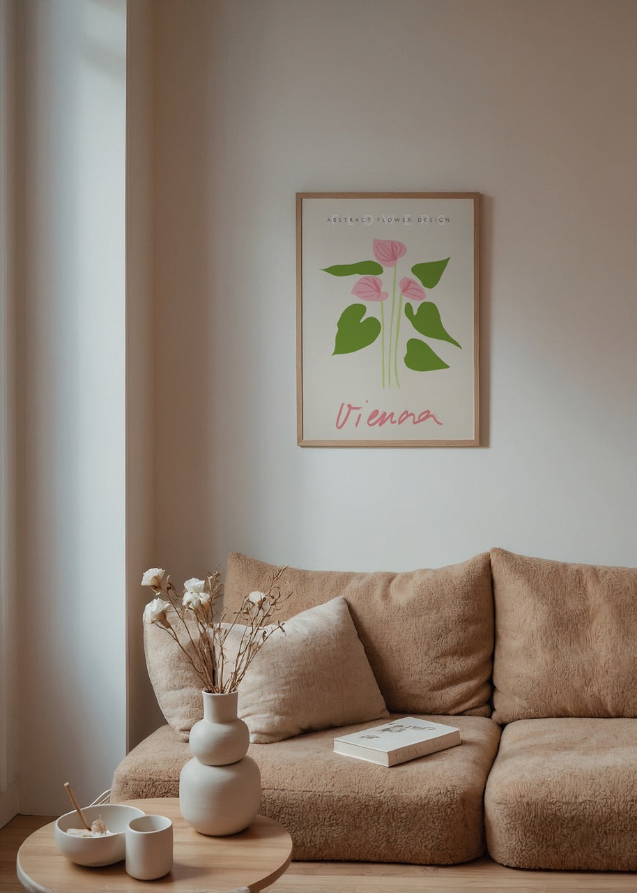 Elegant floral illustration with soft pink blooms and green leaves on a beige background.