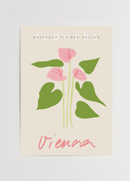 Elegant floral illustration with soft pink blooms and green leaves on a beige background.