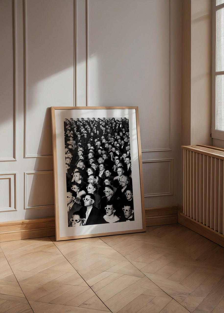 Black and white vintage cinema crowd art print featuring individuals in sunglasses.