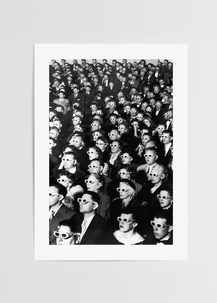 Black and white vintage cinema crowd art print featuring individuals in sunglasses.
