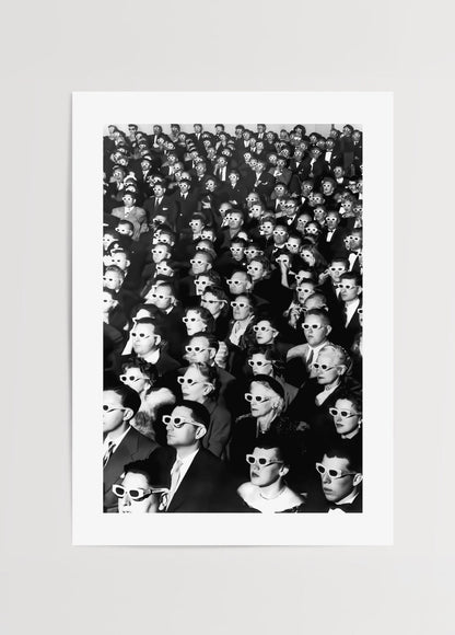 Black and white vintage cinema crowd art print featuring individuals in sunglasses.