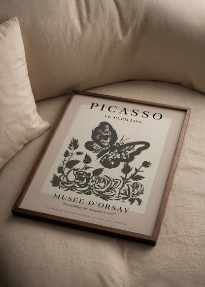 Art print featuring a butterfly and floral design, perfect for wall decoration.