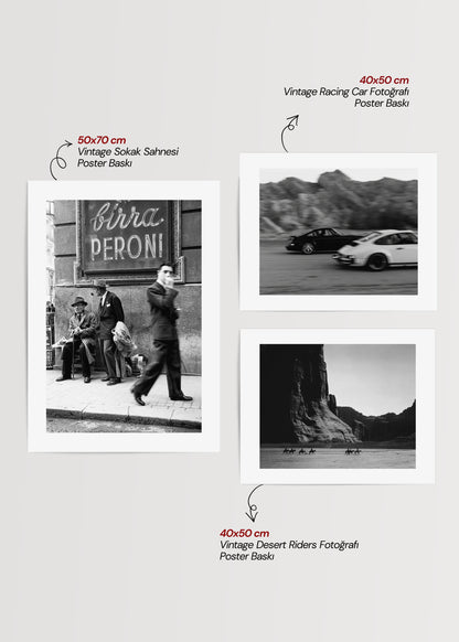 Vintage wall art set featuring timeless black-and-white photography.