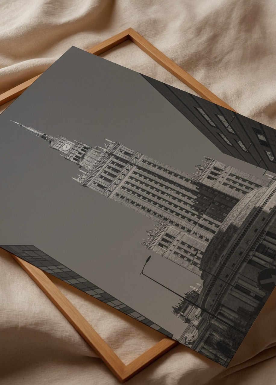 Black and white photograph of iconic Warsaw architecture, perfect for wall art.