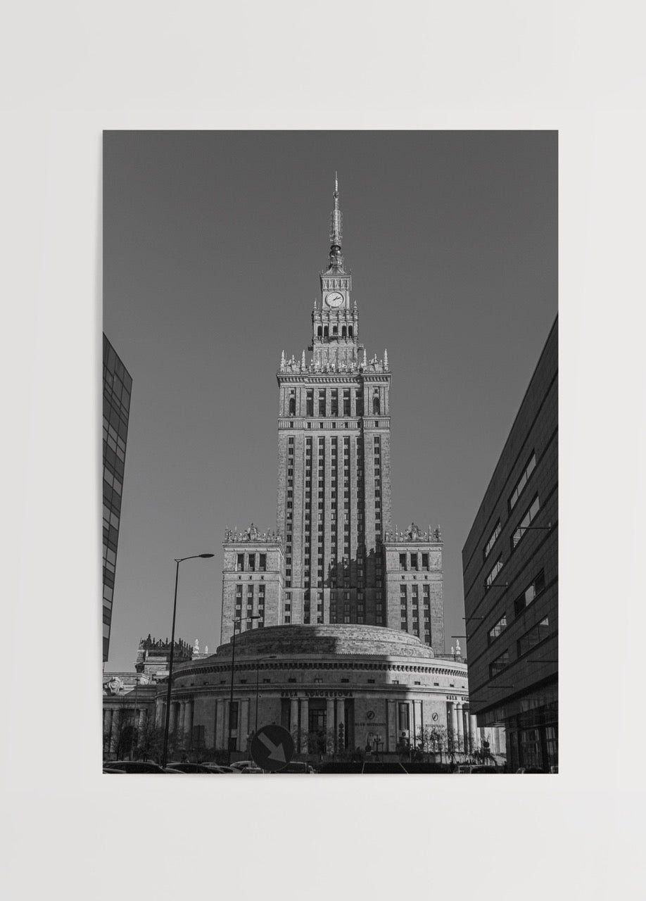 Black and white photograph of iconic Warsaw architecture, perfect for wall art.