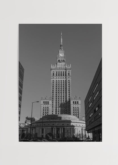 Black and white photograph of iconic Warsaw architecture, perfect for wall art.