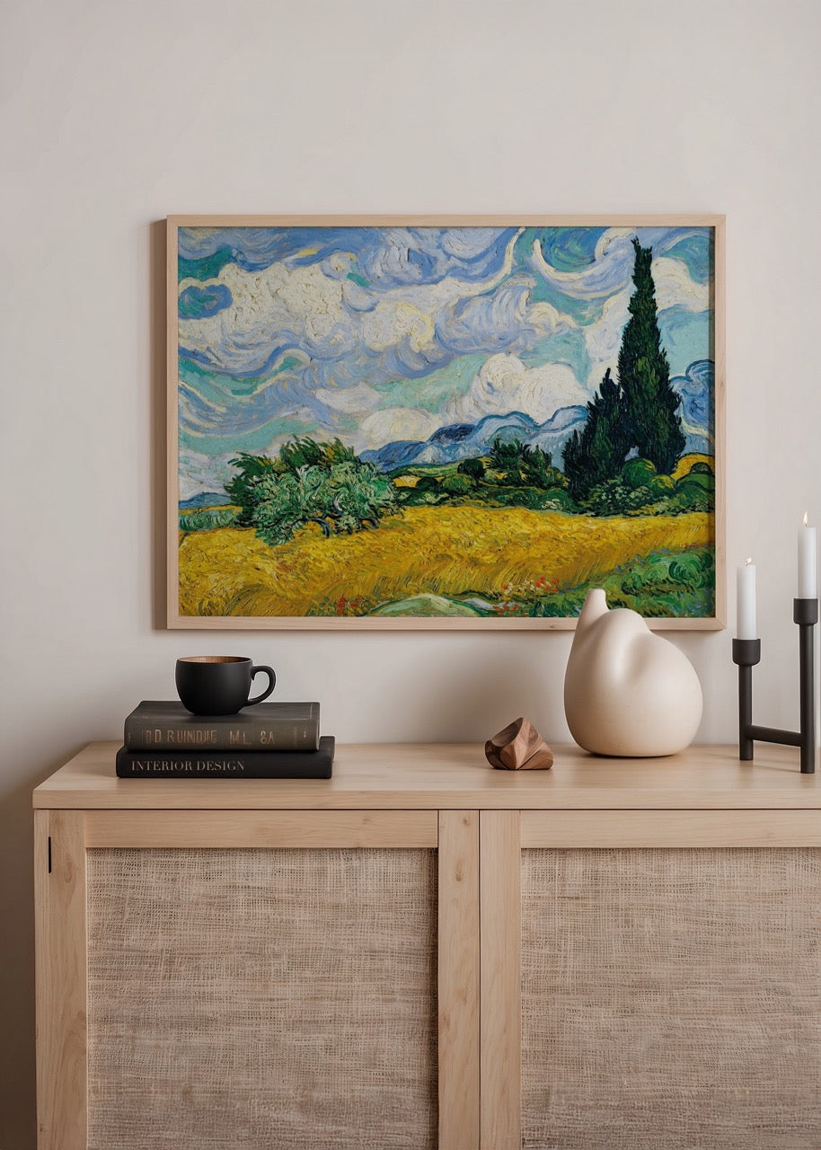 A vibrant landscape of a wheat field with cypress trees against a swirling sky.