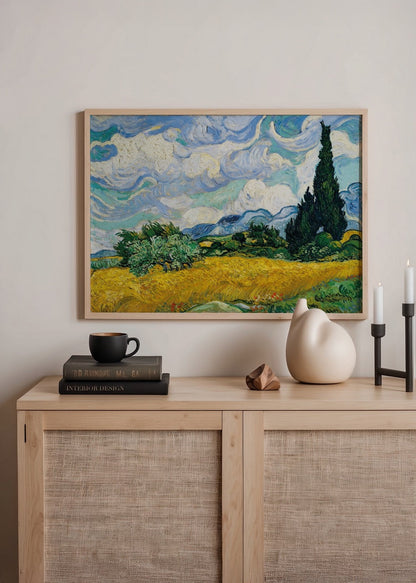 A vibrant landscape of a wheat field with cypress trees against a swirling sky.