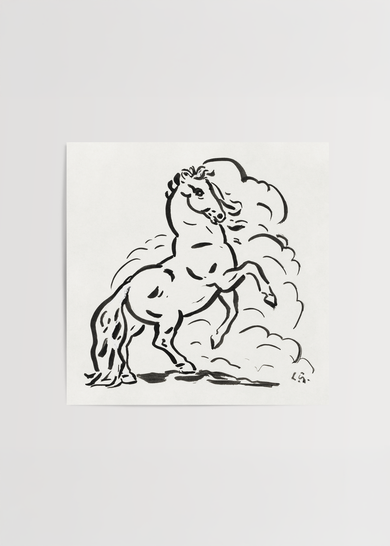 A dynamic black and white artwork of a horse in motion, symbolizing energy and grace.