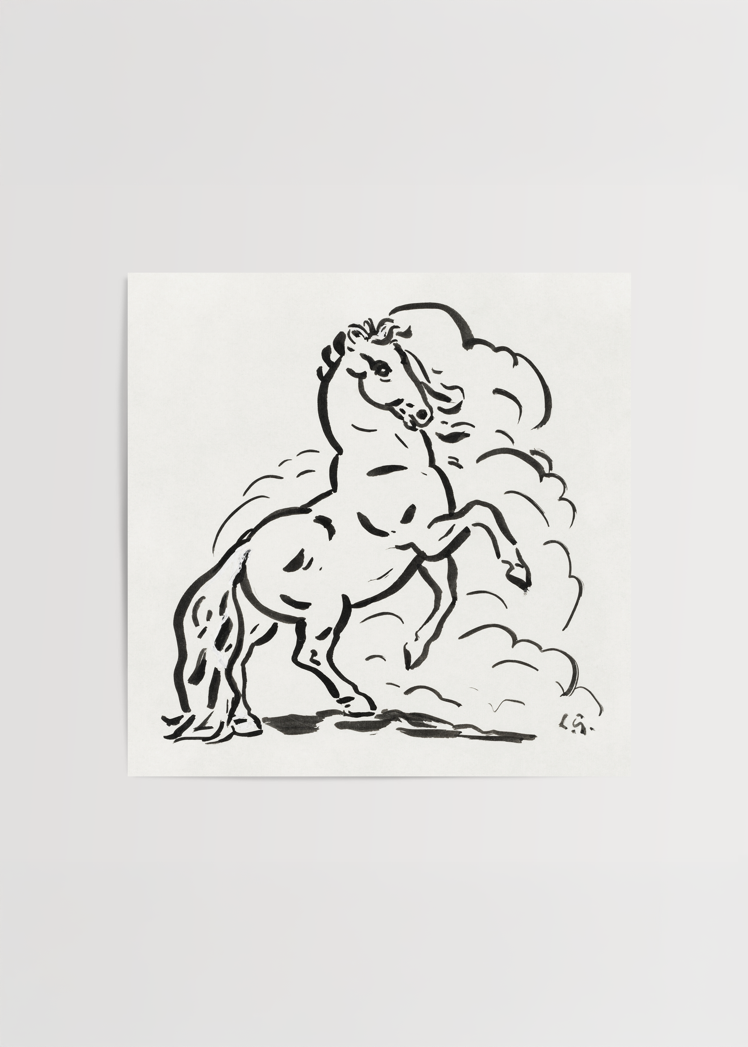 A dynamic black and white artwork of a horse in motion, symbolizing energy and grace.