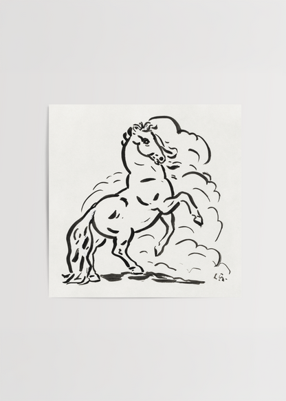 A dynamic black and white artwork of a horse in motion, symbolizing energy and grace.