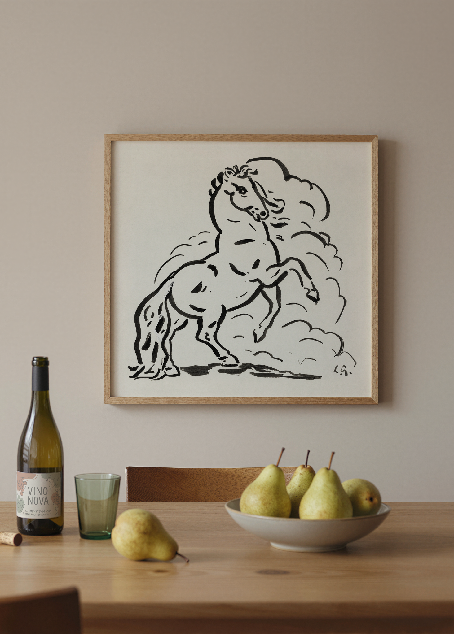 A dynamic black and white artwork of a horse in motion, symbolizing energy and grace.