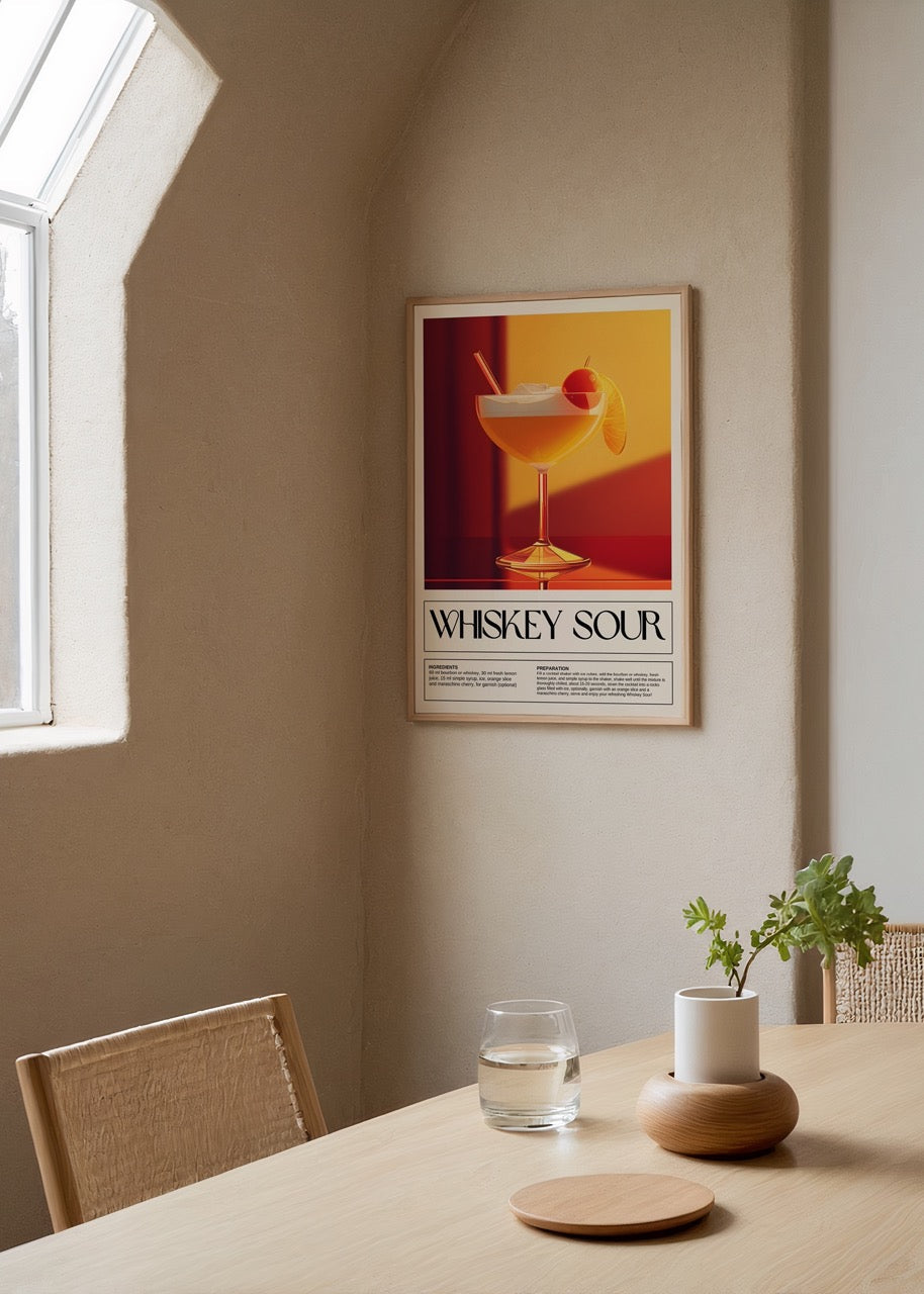 Vibrant cocktail print featuring a whiskey sour in warm tones.