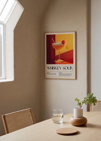 Vibrant cocktail print featuring a whiskey sour in warm tones.