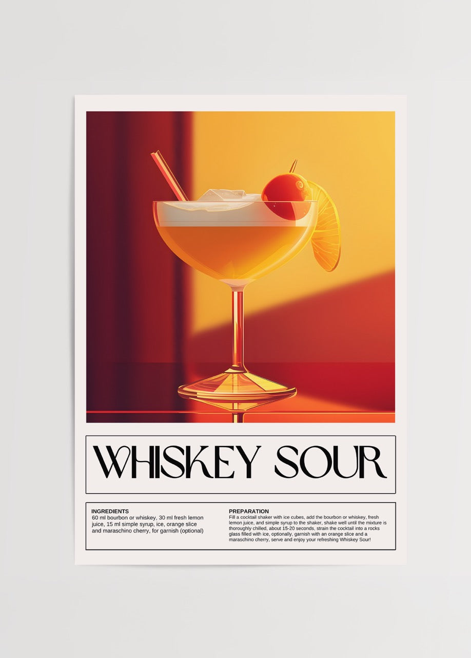 Vibrant cocktail print featuring a whiskey sour in warm tones.