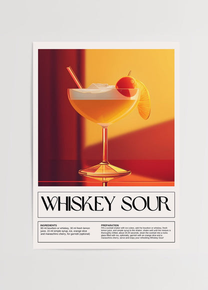 Vibrant cocktail print featuring a whiskey sour in warm tones.