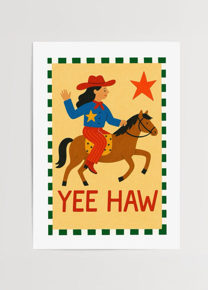 A vibrant illustration of a joyful cowgirl riding a horse, featuring playful colours and motifs.