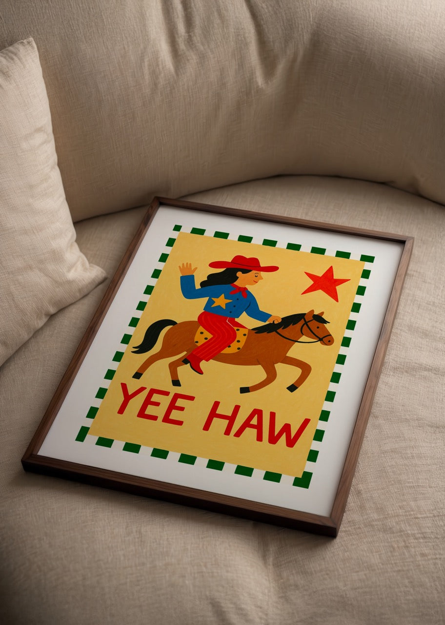 A vibrant illustration of a joyful cowgirl riding a horse, featuring playful colours and motifs.