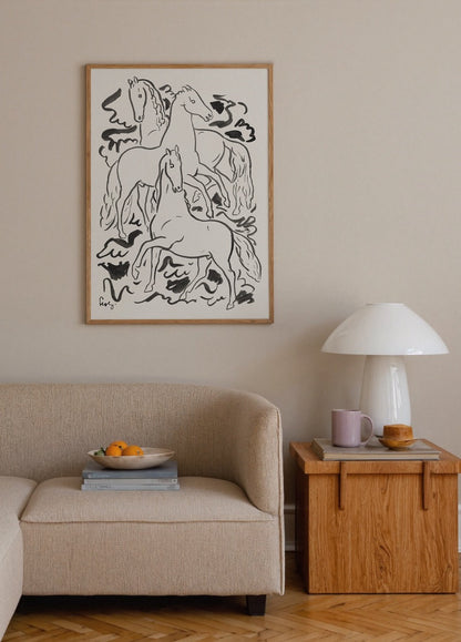 Stylized black and white artwork of three horses in motion.