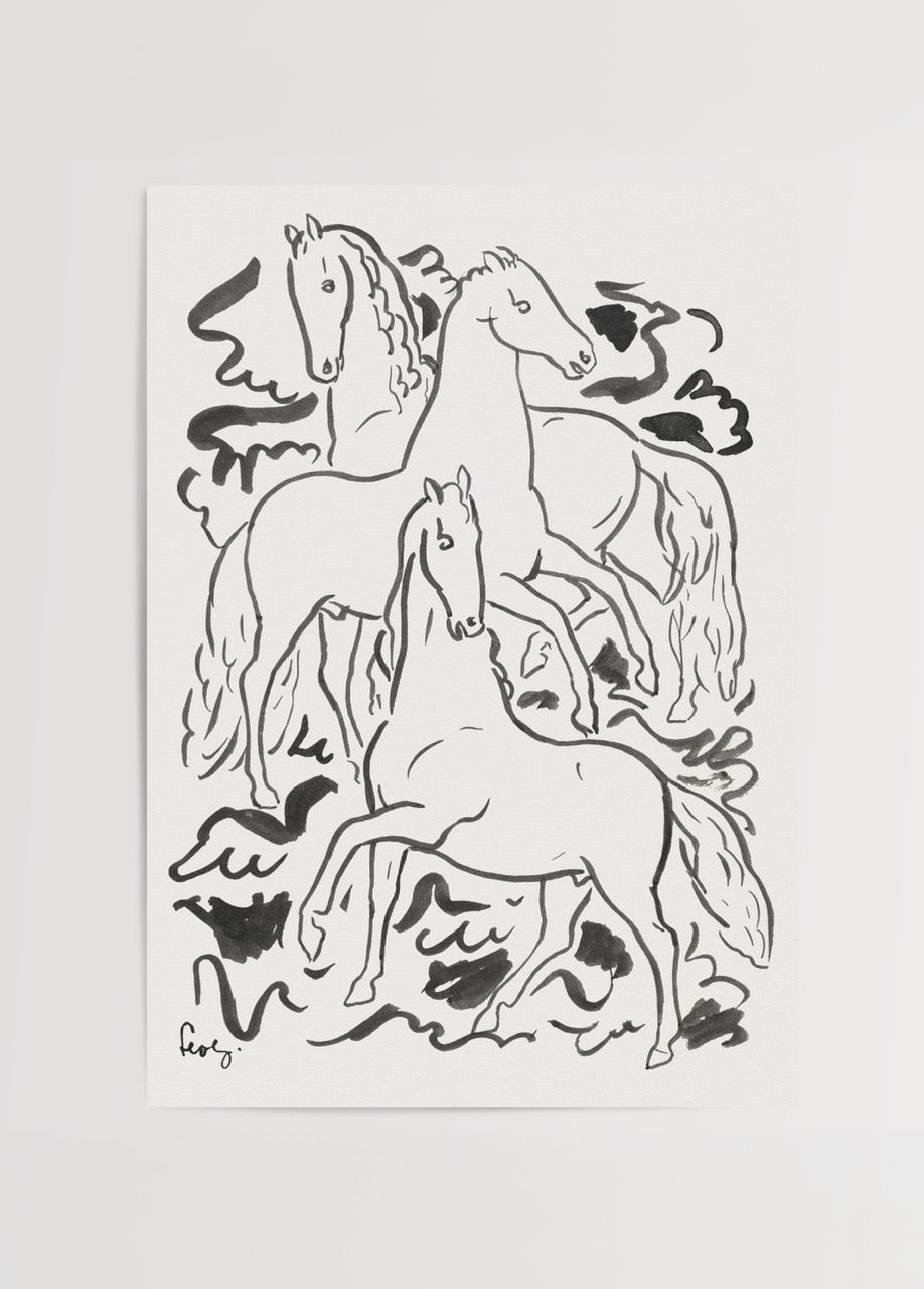 Stylized black and white artwork of three horses in motion.