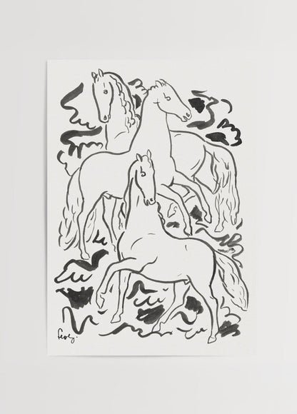 Stylized black and white artwork of three horses in motion.