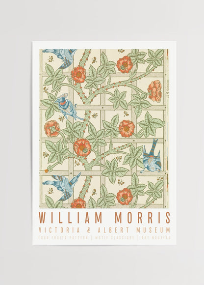 Vintage Birds &amp; Trellis wall art print featuring floral motifs and birds.