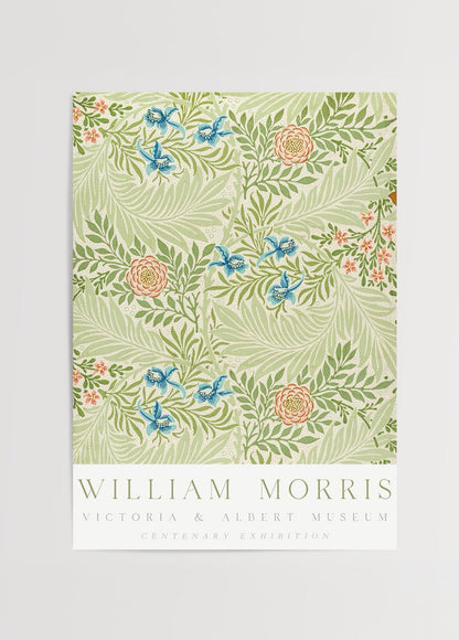 William Morris Centenary Botanical Harmony Poster featuring intricate floral designs in vibrant colours.