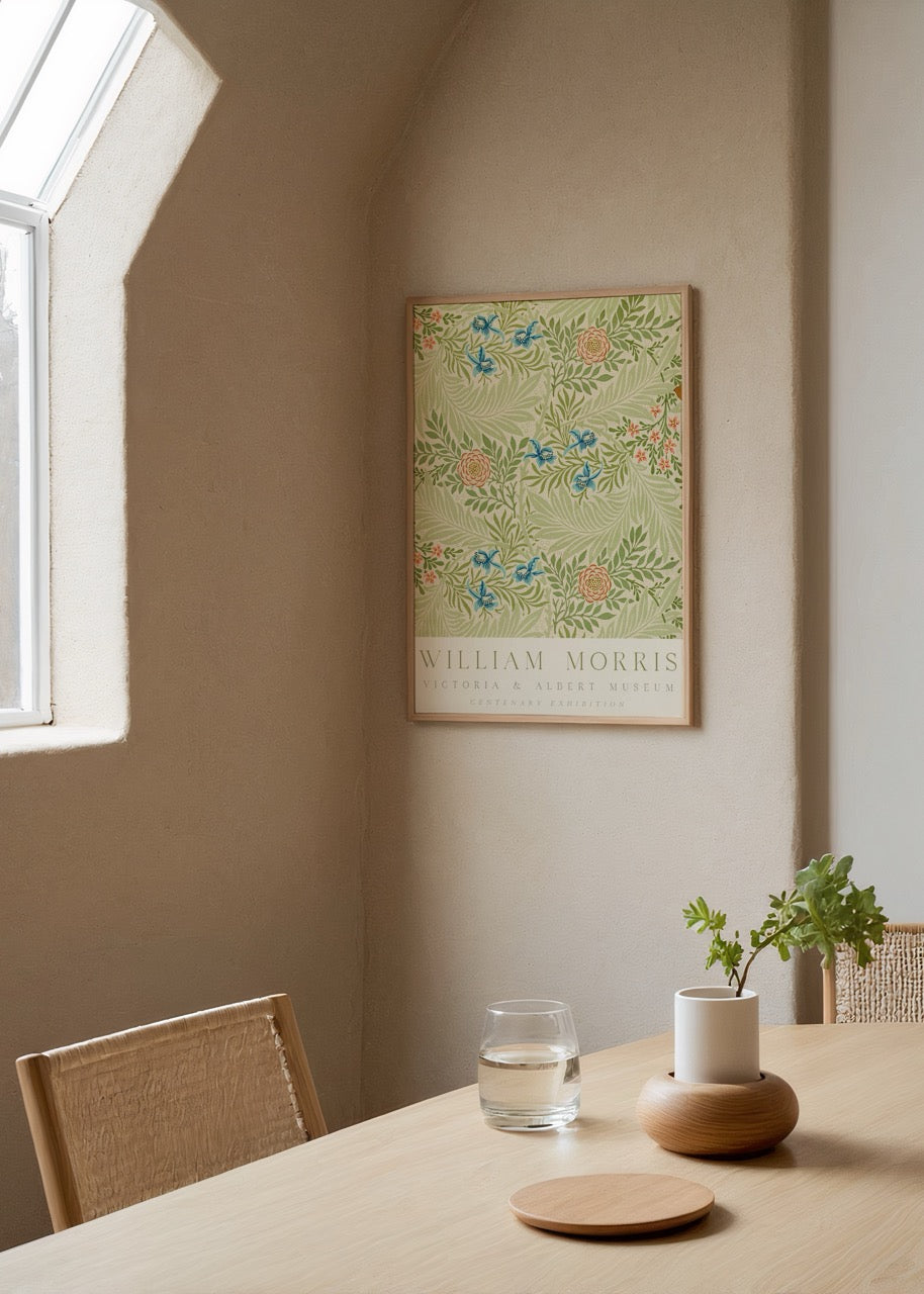 William Morris Centenary Botanical Harmony Poster featuring intricate floral designs in vibrant colours.