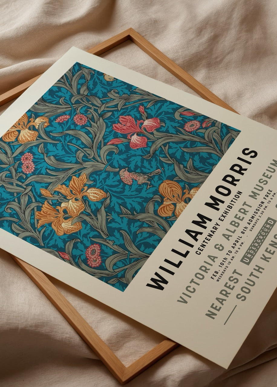 William Morris Botanical Patterns Poster featuring vibrant floral motifs.