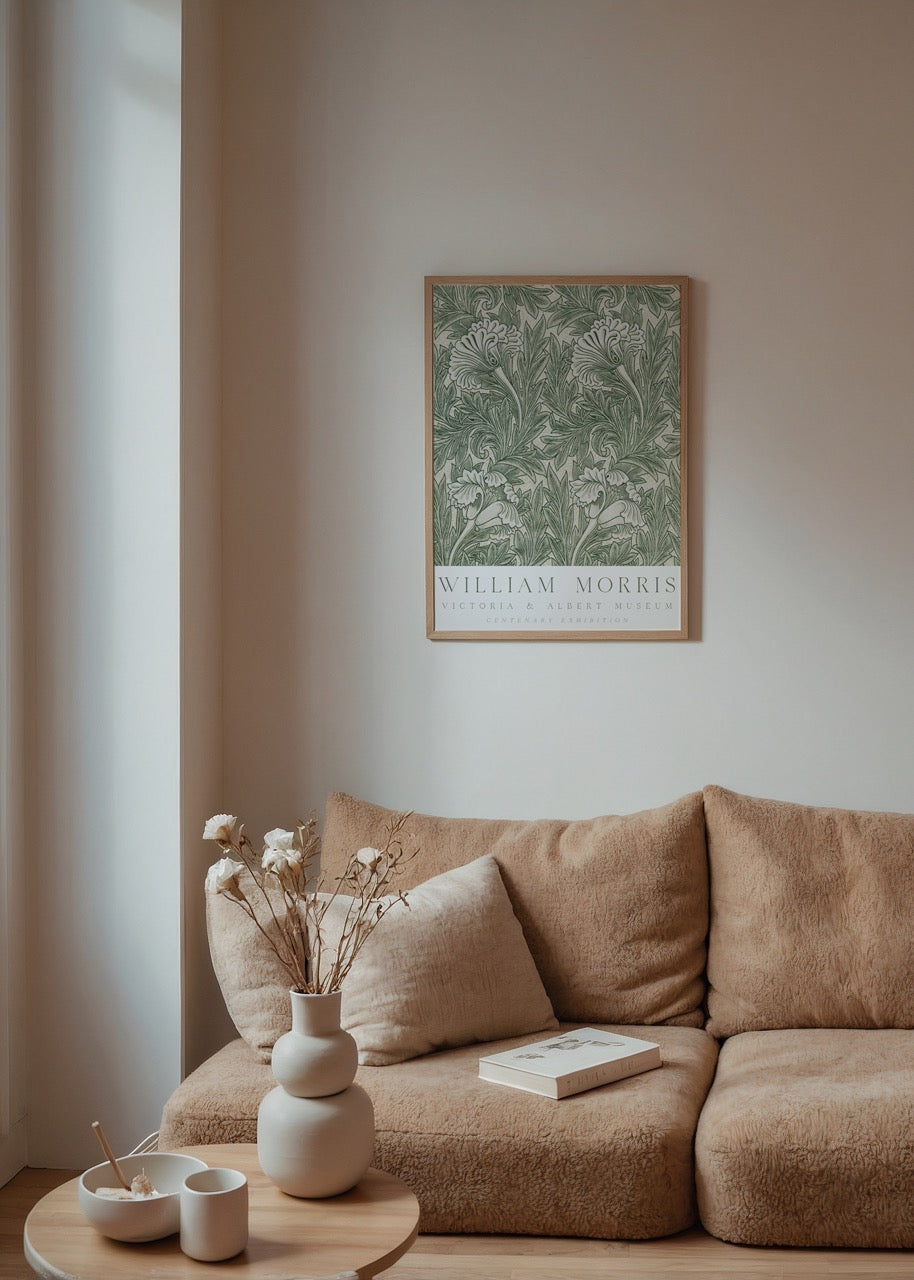 William Morris Centenary Exhibition Poster featuring intricate floral patterns in green.