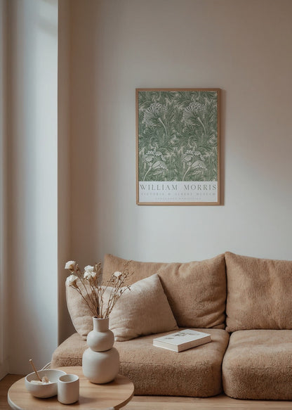 William Morris Centenary Exhibition Poster featuring intricate floral patterns in green.