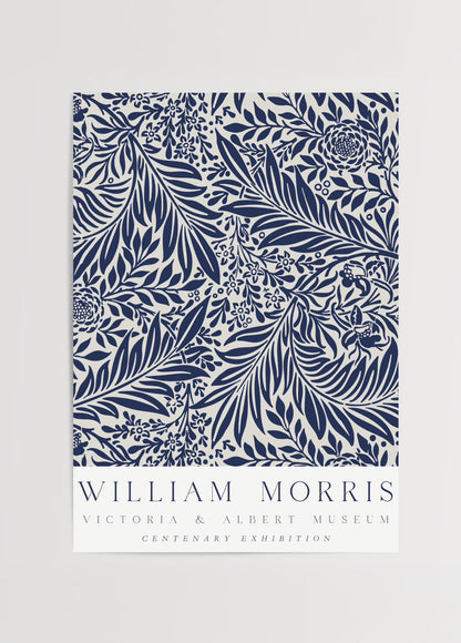 William Morris Centenary Exhibition Poster featuring intricate floral patterns in blue.