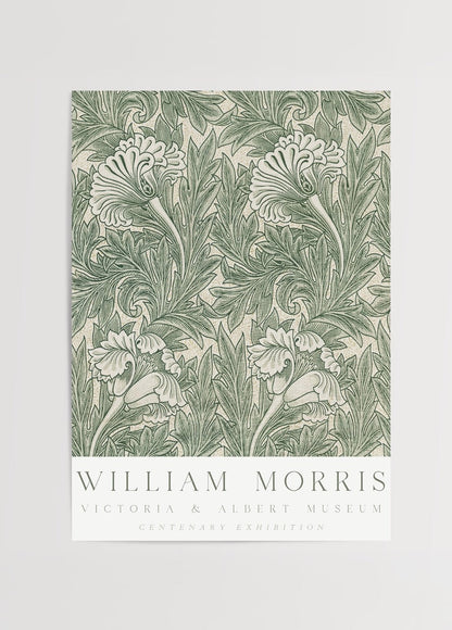 William Morris Centenary Exhibition Poster featuring intricate floral patterns in green.
